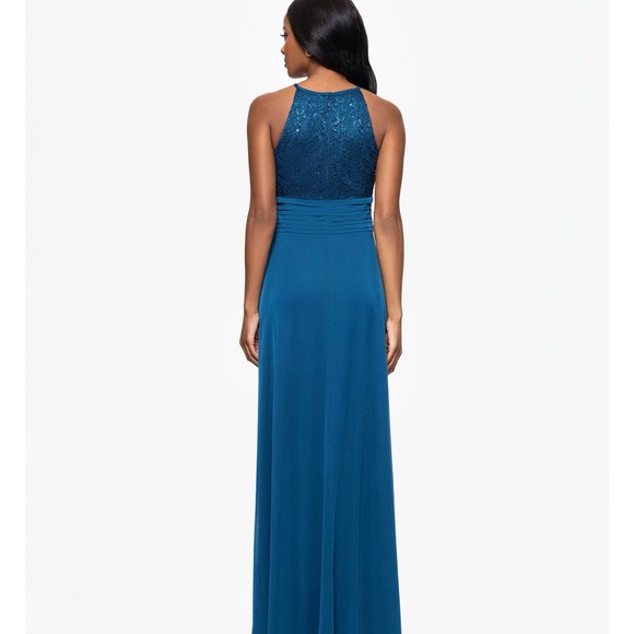 Betsy & Adam Teal Halter Sequin Chiffon Gown Petite Size 2P Formal Evening - Picture 5 of 8